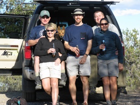 Jerry, Cheetah. Brian, Raquel and Shaun enjoying frosty beverages after hiking AZT Passage 2.  (I think Kintla wants one, too.)
