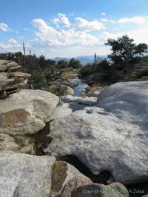 A beautiful stream flows over the bedrock of the Rincon Mountains.