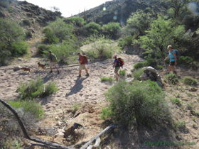 Jerry, Shaun, Raquel and Cheetah cross a wash on AZT Passage 15.