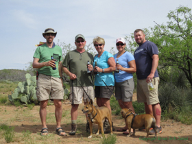 Brian, Jerry, Andrea (Cheetah), Raquel, and Shaun (Teapot) enjoying a post passage drink at the end of a good hike.