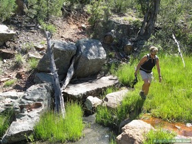 Andrea crossing the stream.