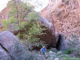 Brad hiking amongst huge boulders in Virgus Canyon