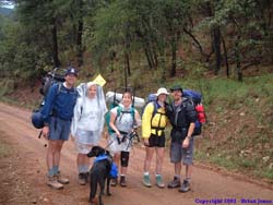 Brad, Lori, Pepper, Janet, Shannon and Brian, all ready to go in a light rain.