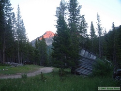 A falling-down stable in the ghost town of Coolidge, Montana.