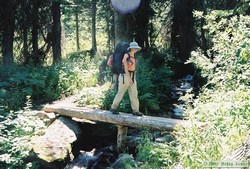 Shan enjoying our first 'bridged' stream crossing since we started the trip.