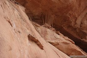 Remnants of an original ladder hanging from the rock face at Junction Ruin in Grand Gulch.