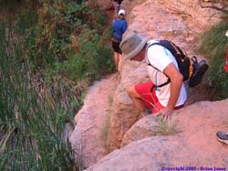 Brad climbing down a little ledge on the trail back to Mooney Falls.