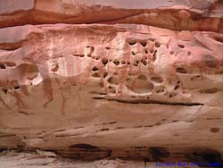 This interesting sandstone cliff was across the river from our camp.  The color of the red sandstone above was bleeding into the white sandstone below.