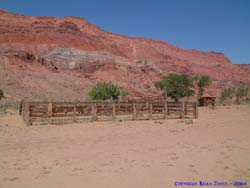 The first sign of the Lonely Dell Ranch, a corral and a shack.