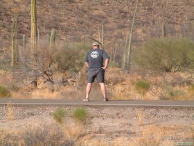 Chuck relieving himself in the middle of Highway 1 on the way to BOLA.