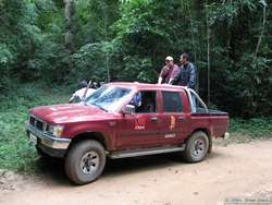 Chuck and Fabricio got the thrill-ride spot hanging on to the roll bar of the Toyota Hilux as Antonio sped around the preserve in search of the Muriqui.